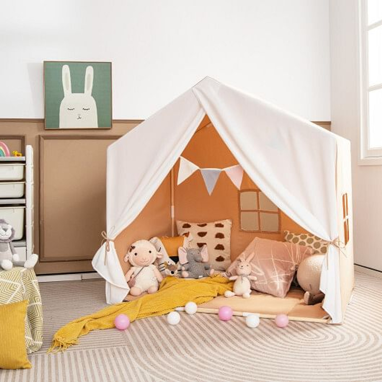 Kid's Play Tent with Washable Cotton Mat and Flag Banner-Pink