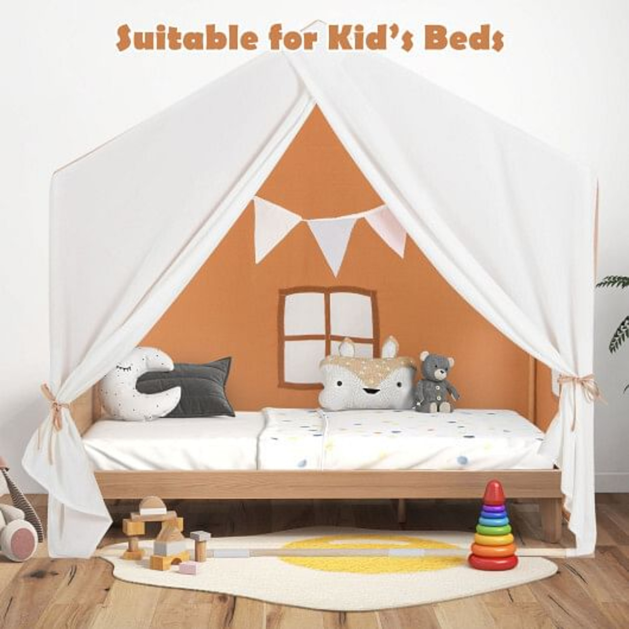 Kid's Play Tent with Washable Cotton Mat and Flag Banner-Pink