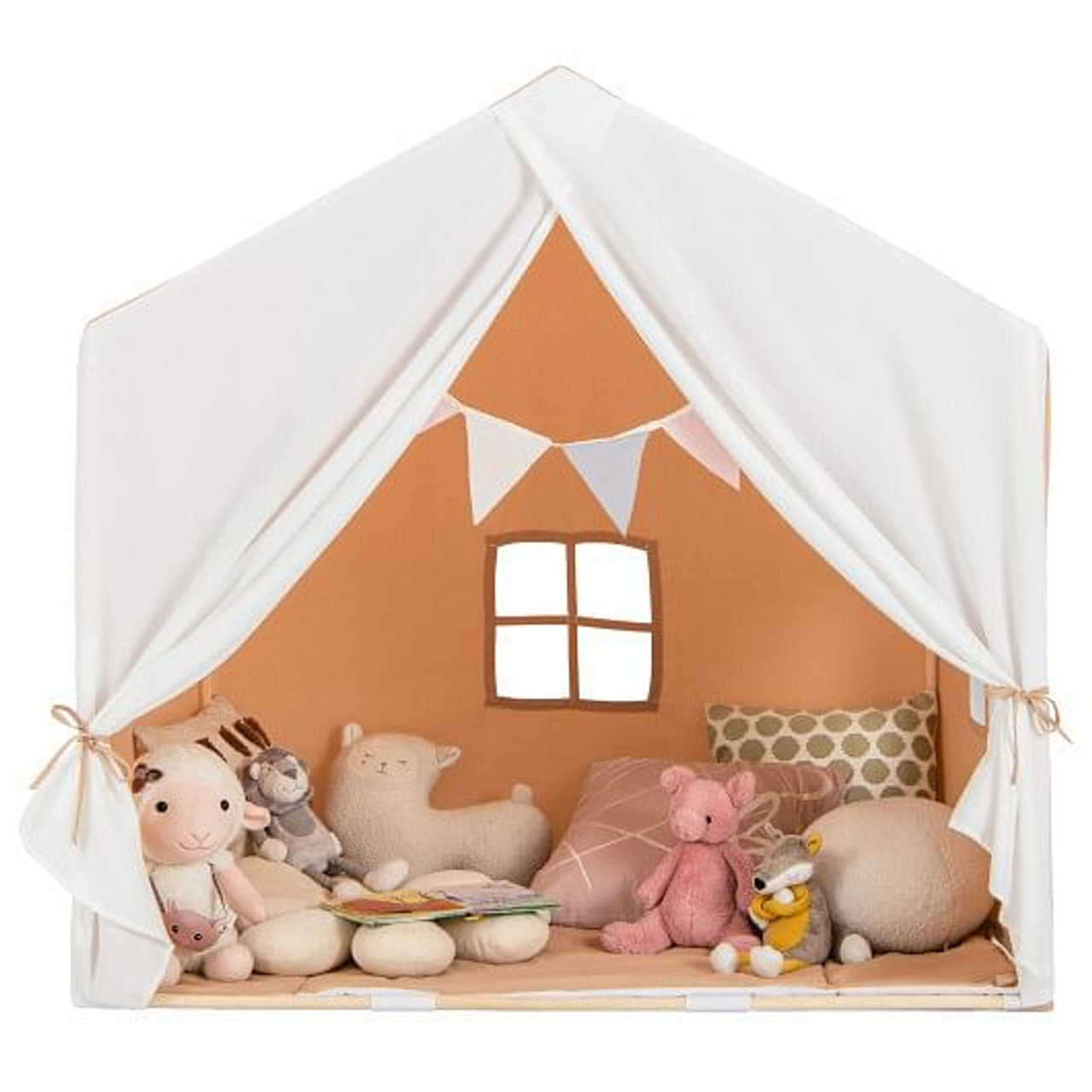 Kid's Play Tent with Washable Cotton Mat and Flag Banner-Pink