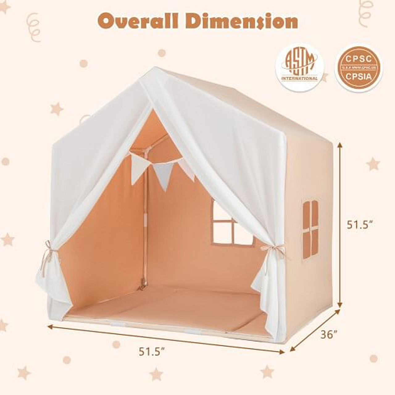 Kid's Play Tent with Washable Cotton Mat and Flag Banner-Pink