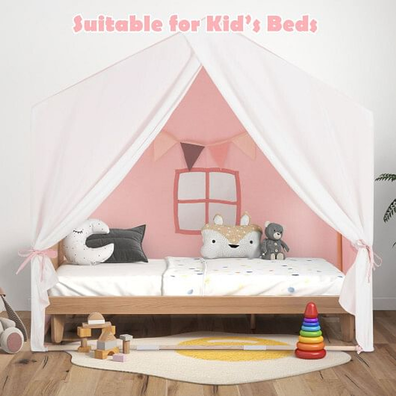 Kid's Play Tent with Washable Cotton Mat and Flag Banner-Pink