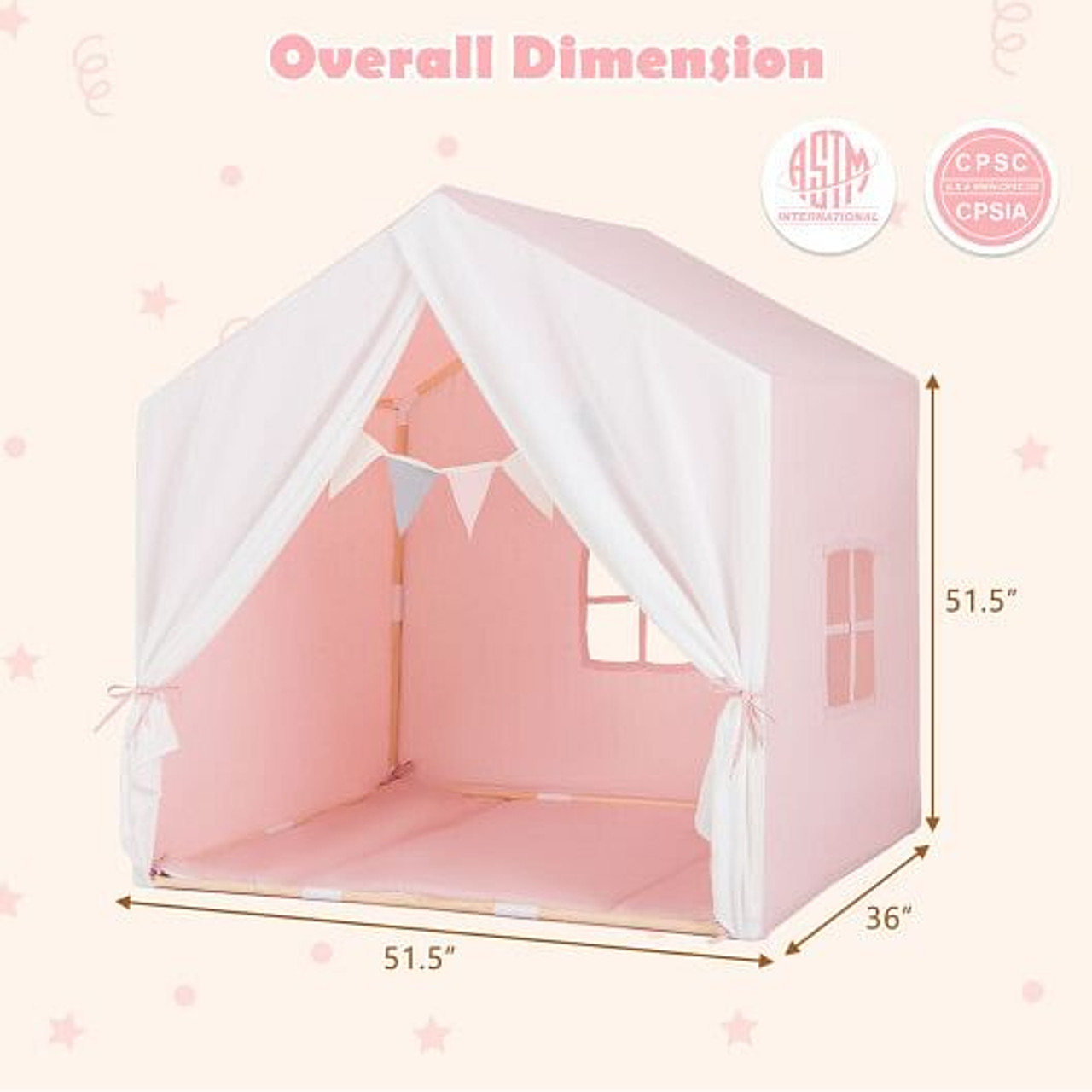 Kid's Play Tent with Washable Cotton Mat and Flag Banner-Pink