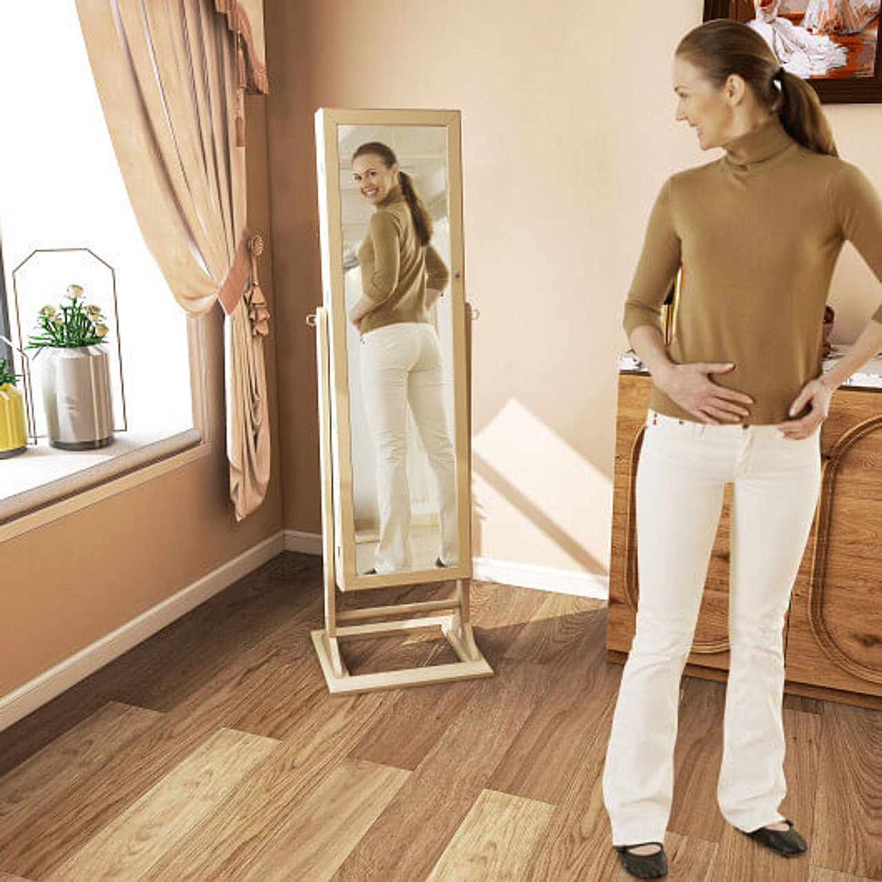 Freestanding Lockable Jewelry Armoire with Full-Length Mirror and 6 LED Lights-Natural