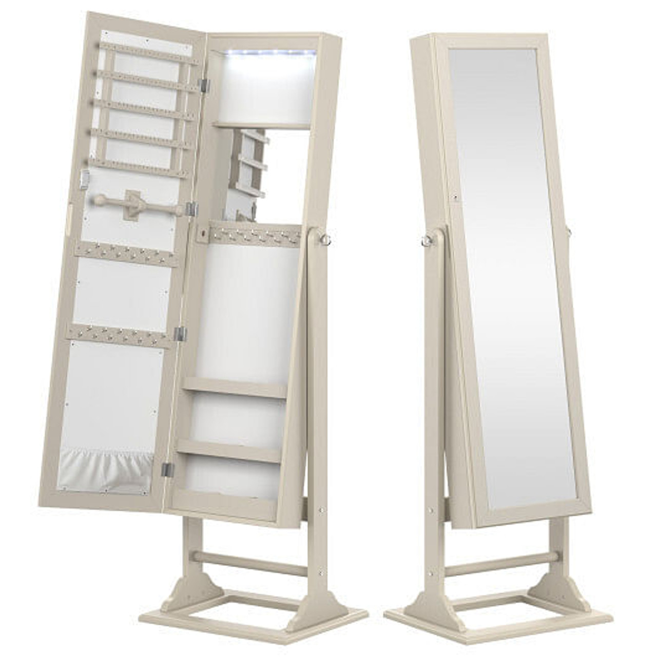 Freestanding Lockable Jewelry Armoire with Full-Length Mirror and 6 LED Lights-Natural