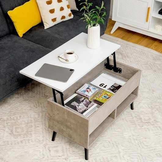 31.5 Inch Lift-Top Coffee Table with Hidden Storage and 2 Open Shelves-Natural
