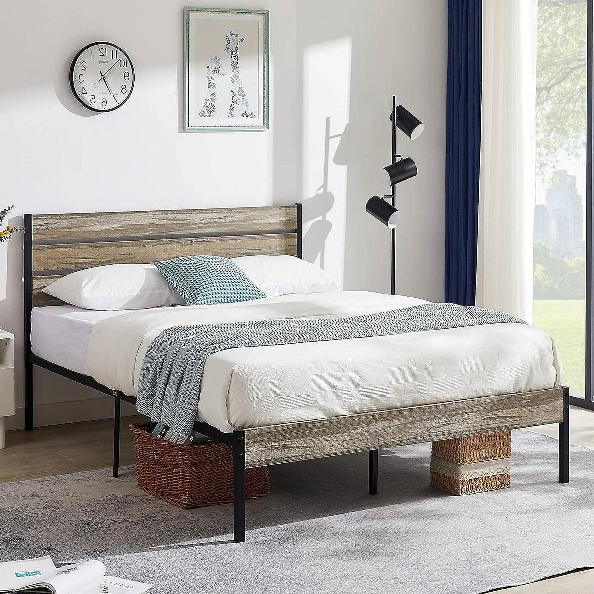 Queen Industrial Farmhouse Rustic Wood Metal Platform Bed Frame with Headboard