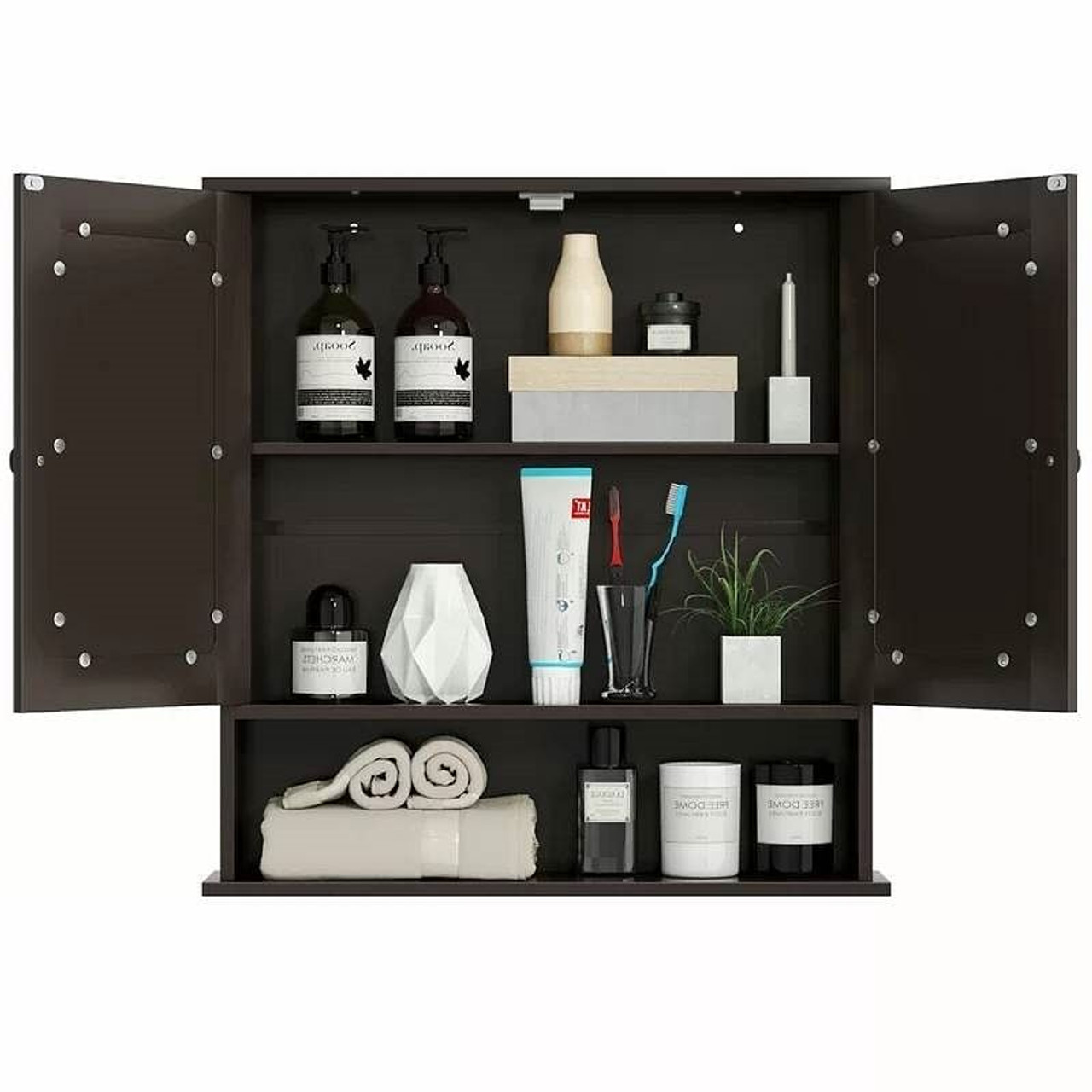 Brown Wooden Bathroom Wall / Medicine Cabinet with Mirrored Doors and Shelf