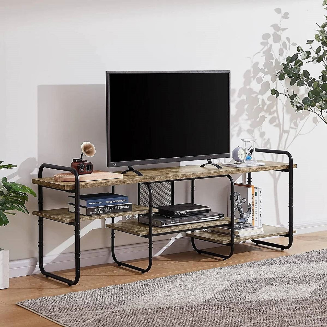 Modern Grey Wood Black Metal Entertainment Center TV Stand for TV up to 75-inch