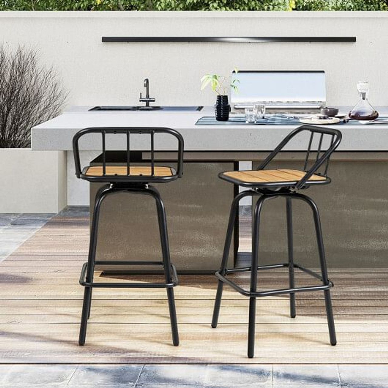 360?° Swivel Bar Stool Set of 2 with Footrest and Backrest-Balck & Natural
