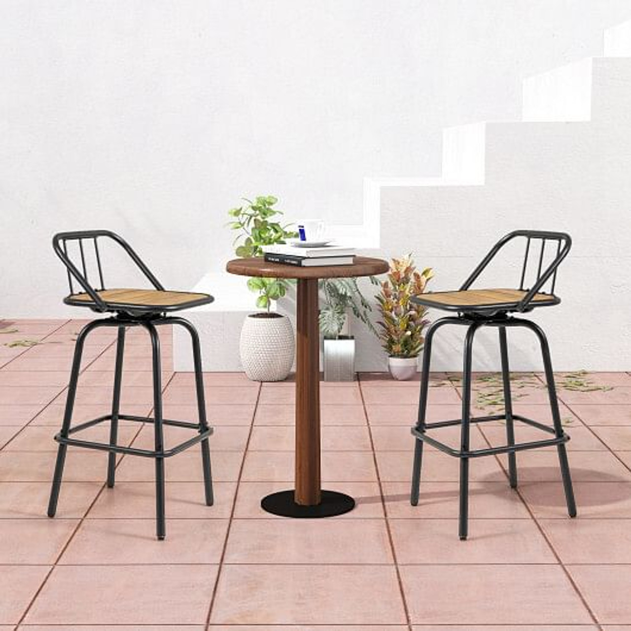 360?° Swivel Bar Stool Set of 2 with Footrest and Backrest-Balck & Natural