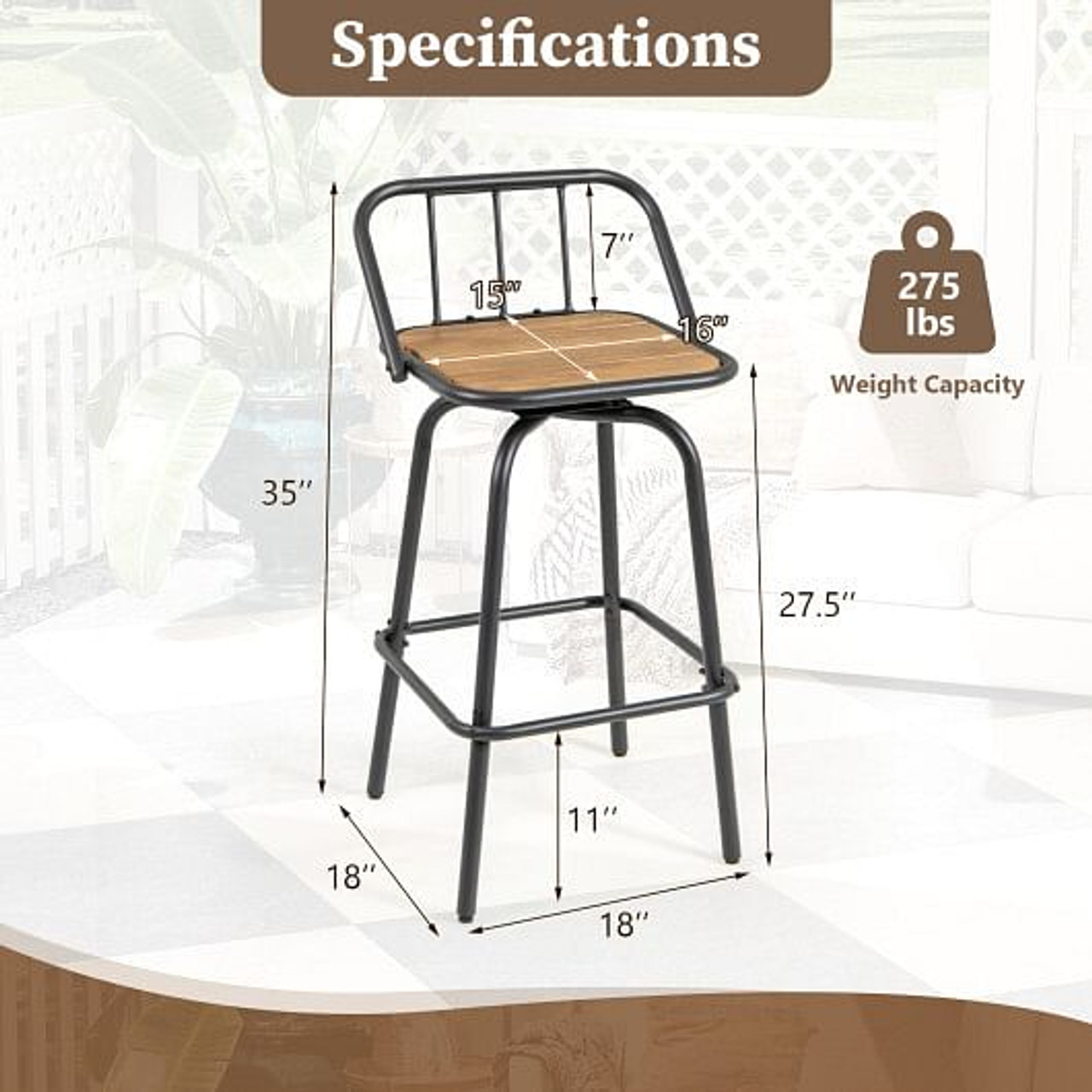 360?° Swivel Bar Stool Set of 2 with Footrest and Backrest-Balck & Natural