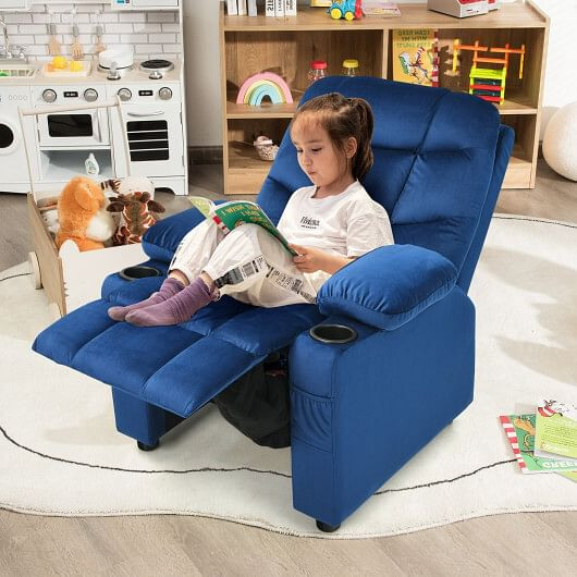 Kids Recliner Chair with Cup Holder and Footrest for Children-Blue