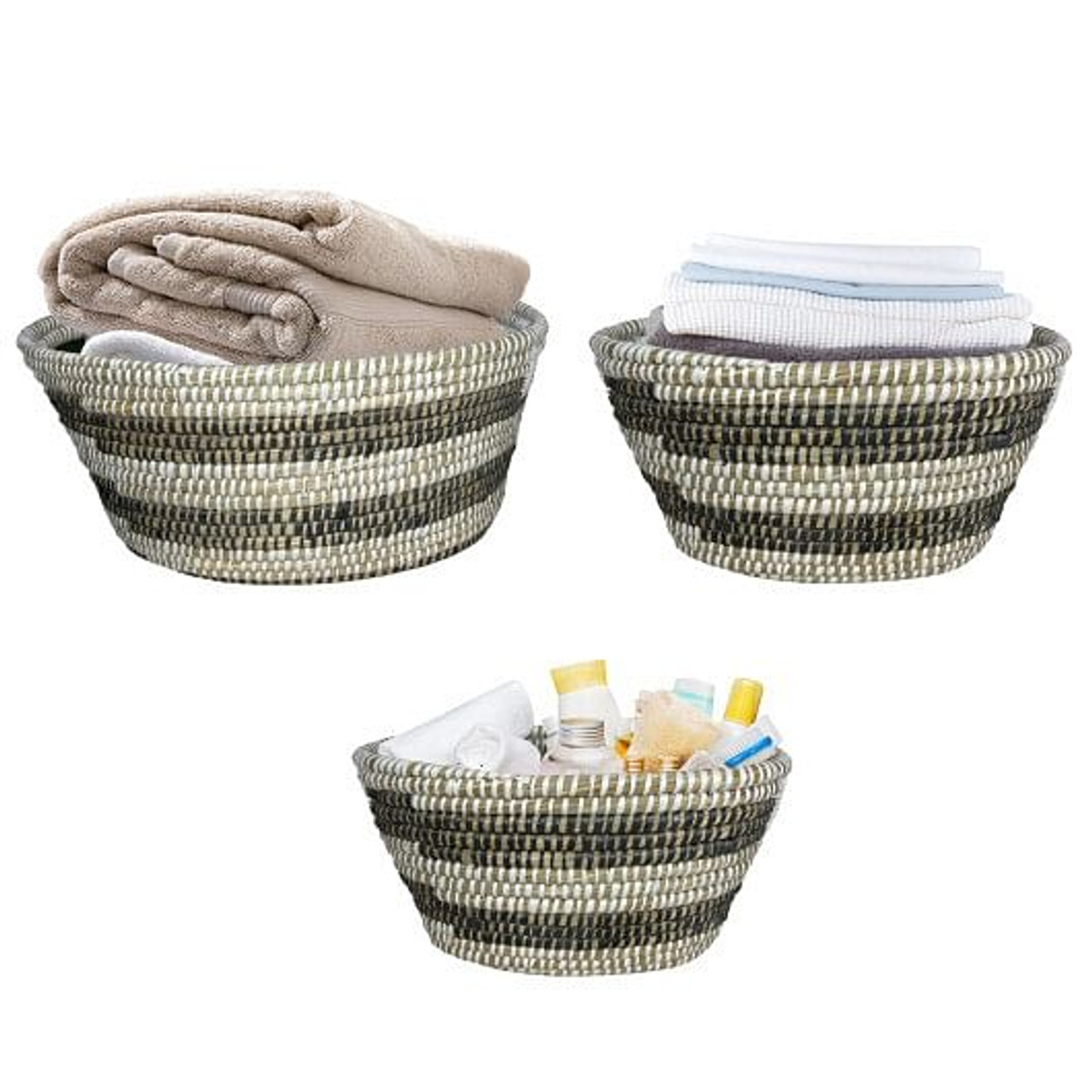 Natural Canes Grass Baskets Stackable Storage Bins Set of 3 with Hollowed Handles