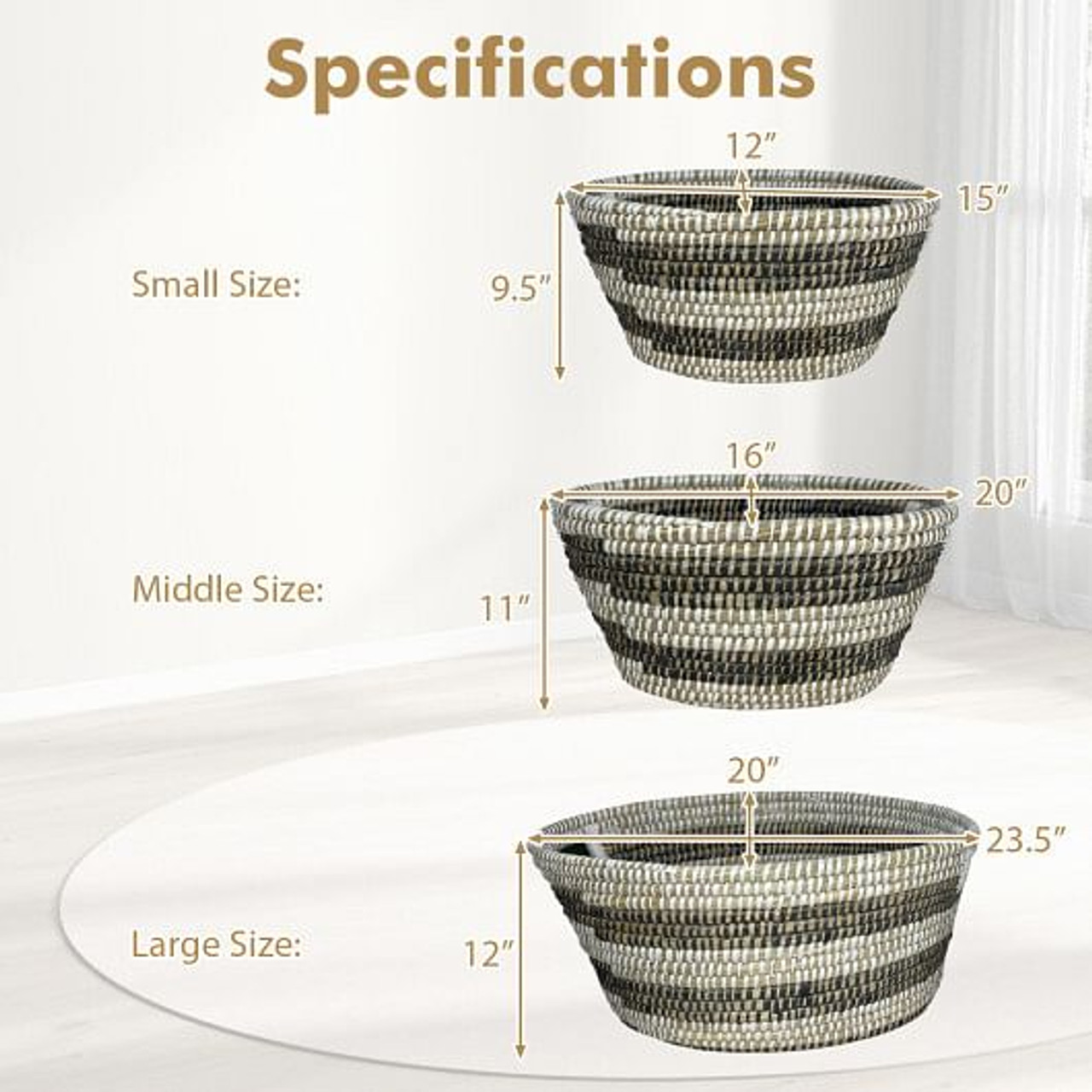 Natural Canes Grass Baskets Stackable Storage Bins Set of 3 with Hollowed Handles