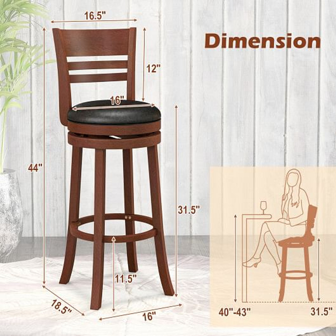 Set of 2 360 Bar Stools with PU Upholstered Seats-Brown