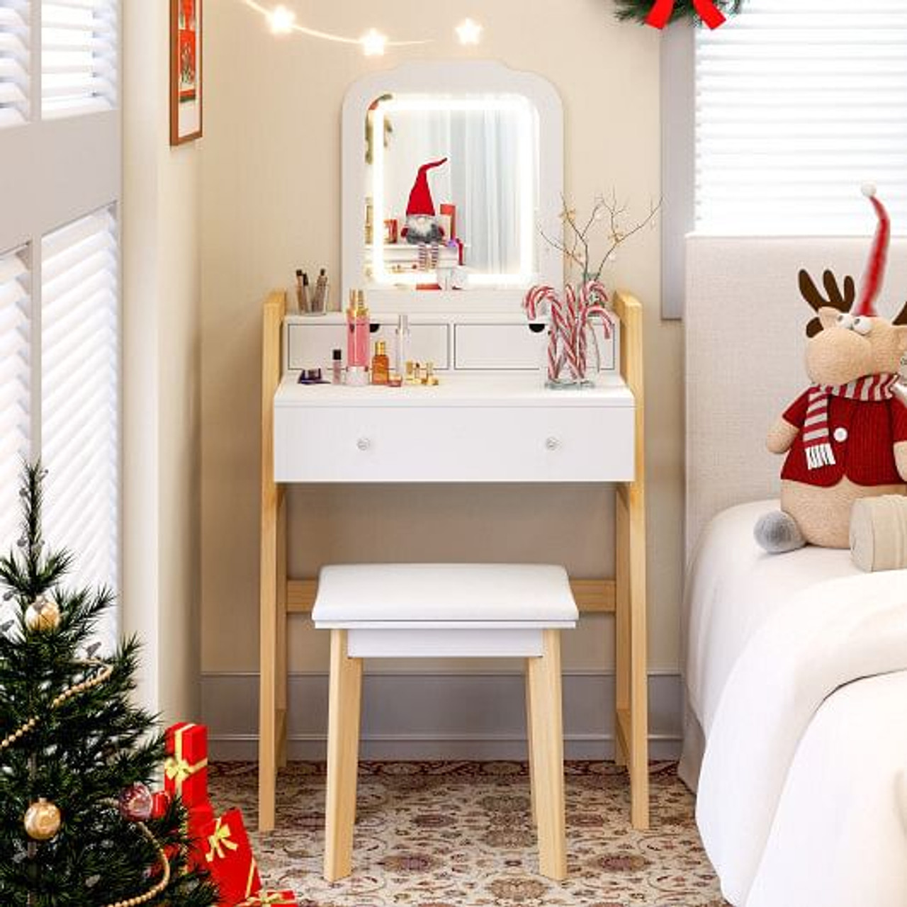 Adjustable Height Vanity Desk Set with 3-Color LED Lighted Mirror and Drawers-White