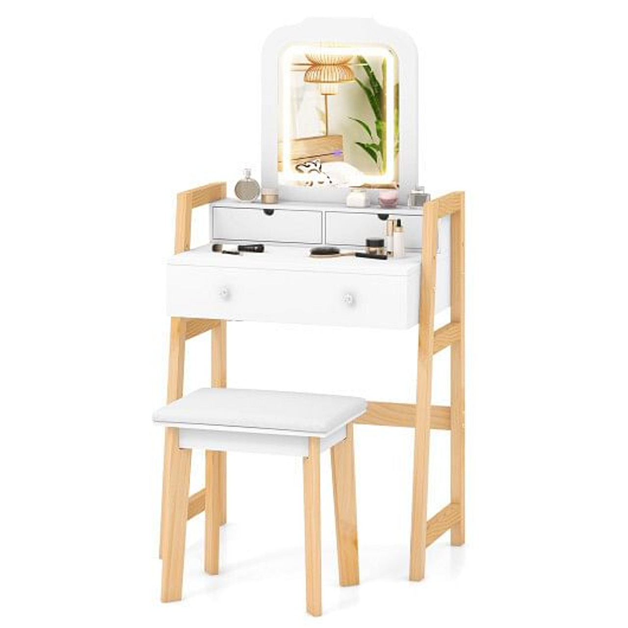 Adjustable Height Vanity Desk Set with 3-Color LED Lighted Mirror and Drawers-White