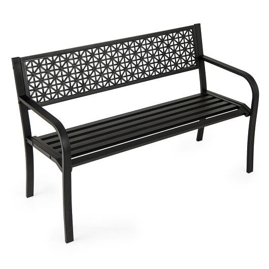 50 Inch Garden Bench with Patterned Backrest and Curved Armrests for 2-3 Person-Black