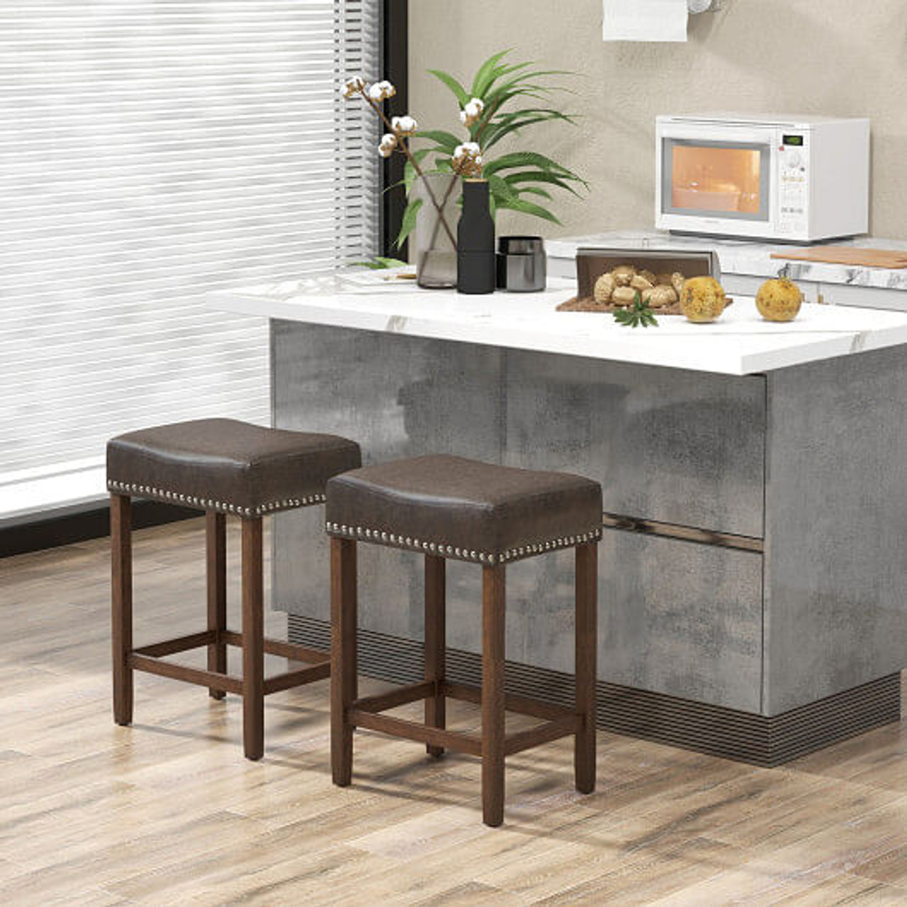 24 Inch Upholstered PU Leather Bar Stools Set of 2-Brown