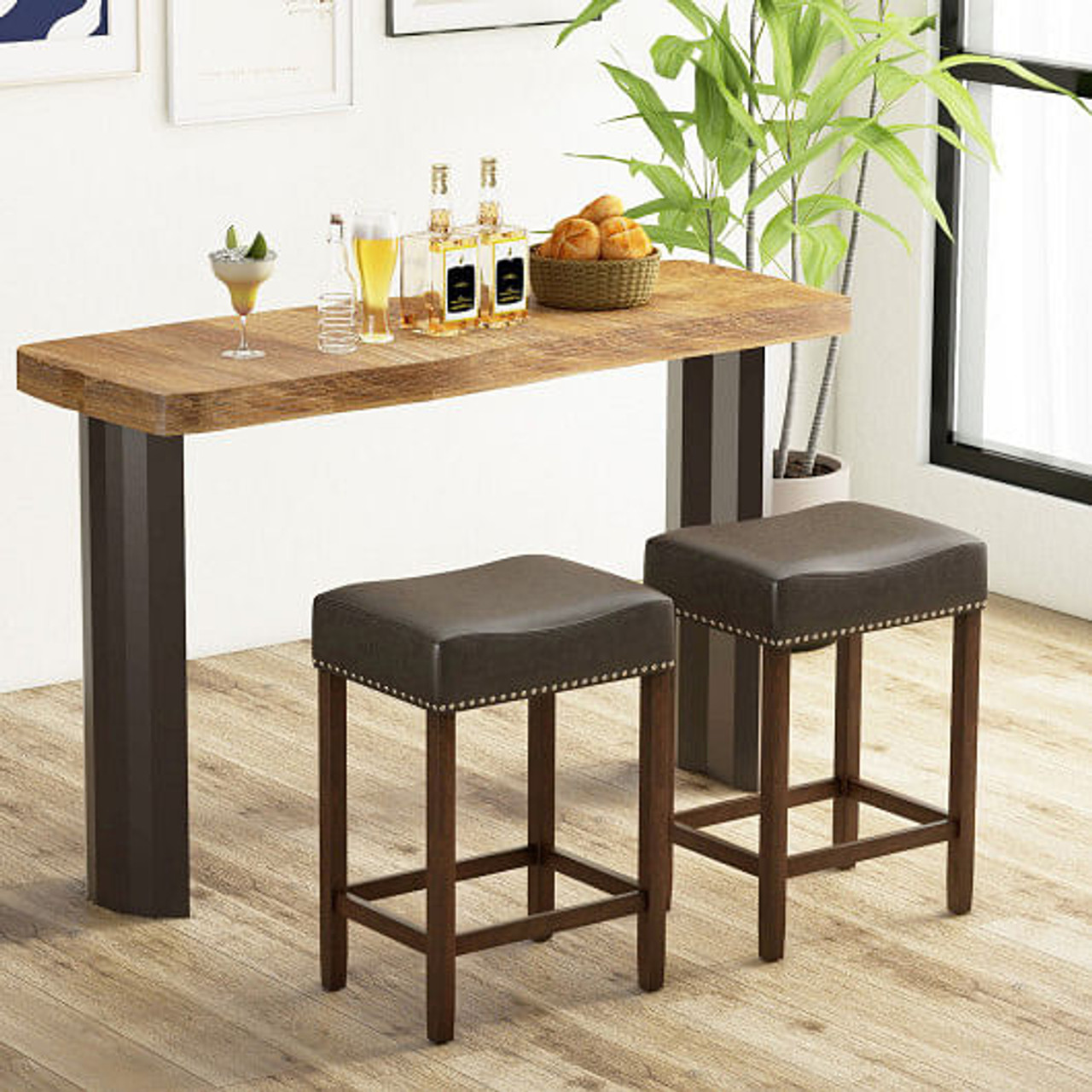 24 Inch Upholstered PU Leather Bar Stools Set of 2-Brown