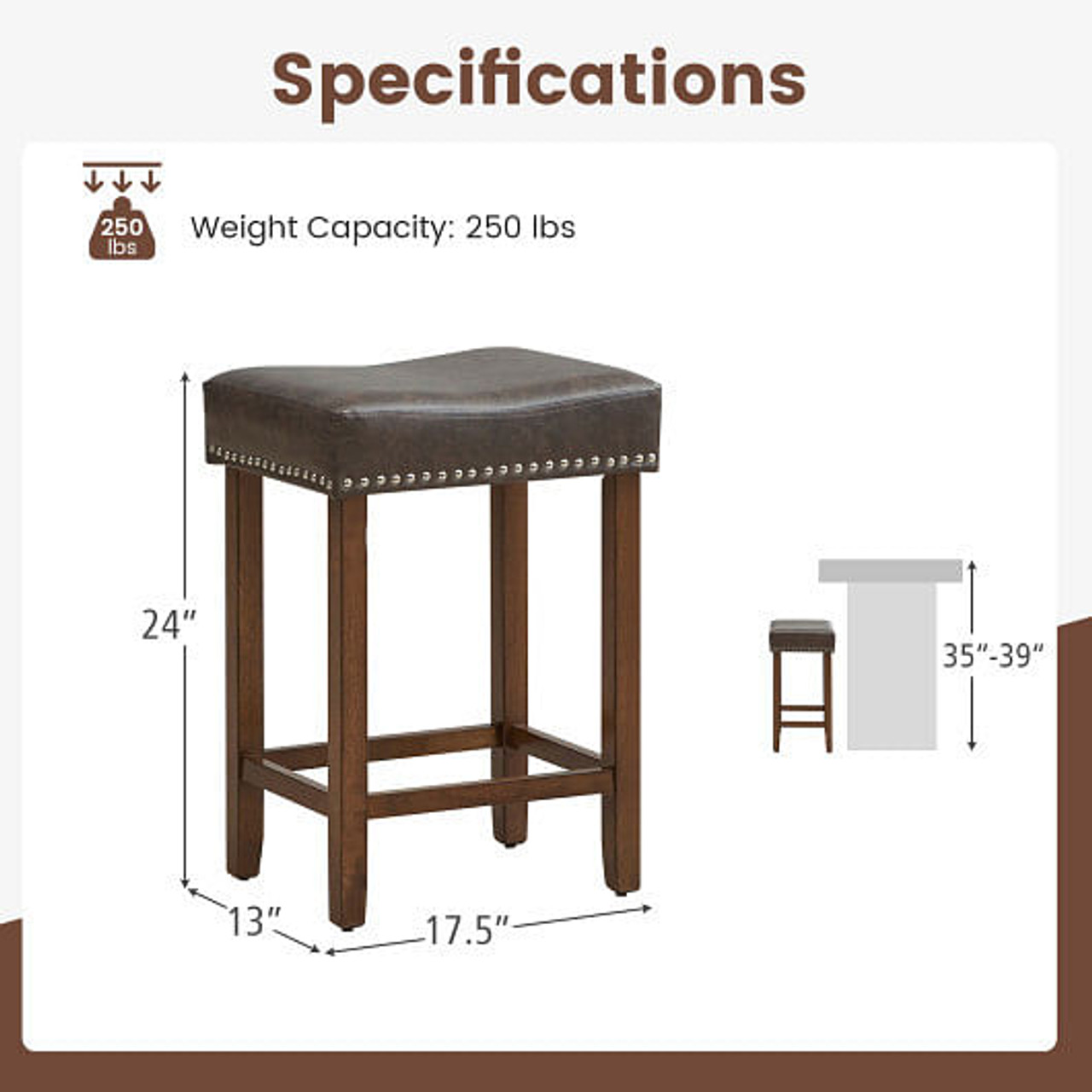 24 Inch Upholstered PU Leather Bar Stools Set of 2-Brown