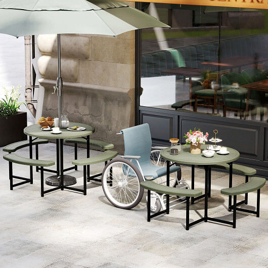 Round Picnic Table Bench Set with 4 Benches and Umbrella Hole for Patio Lawn-White