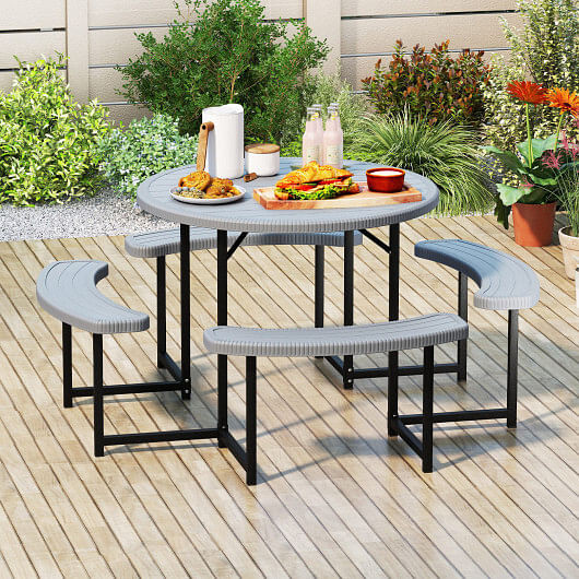 Round Picnic Table Bench Set with 4 Benches and Umbrella Hole for Patio Lawn-White