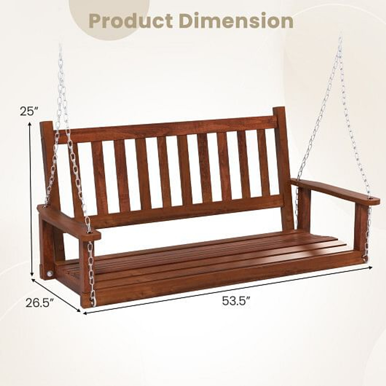 2-Person Wooden Outdoor Porch Swing with 500 lbs Weight Capacity-Brown