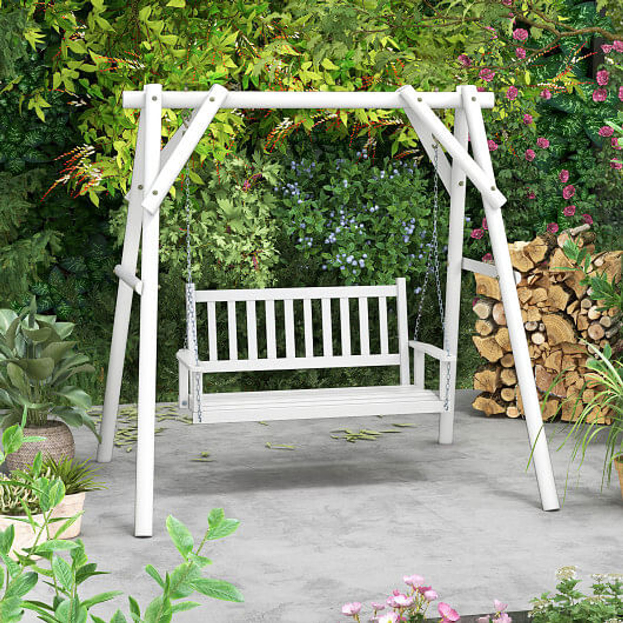 2-Person Wooden Outdoor Porch Swing with 500 lbs Weight Capacity-Brown