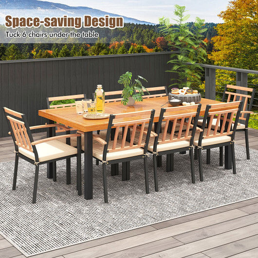 9 Pieces Patio Dining Set 39.5 Inch Acacia Wood Table with Umbrella Hole and 24-Inch Wide Chairs