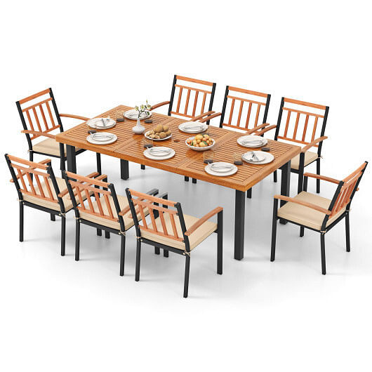 9 Pieces Patio Dining Set 39.5 Inch Acacia Wood Table with Umbrella Hole and 24-Inch Wide Chairs