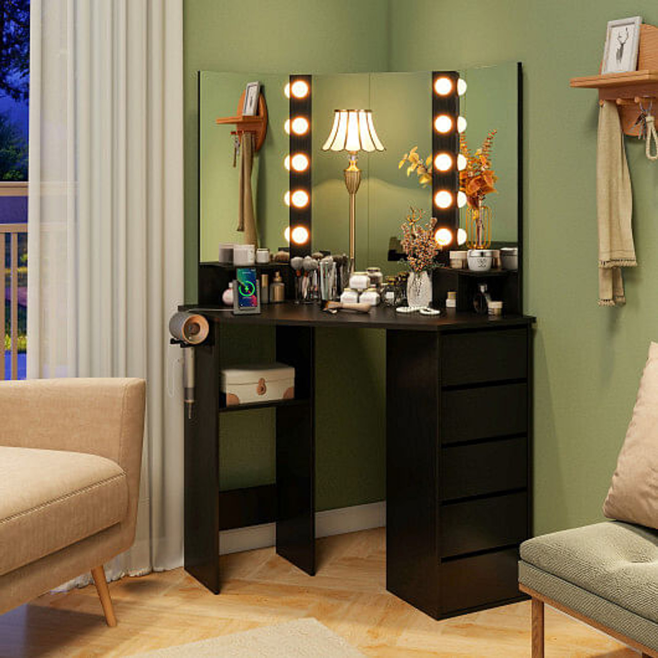Corner Vanity Desk with 3-Color LED Lighted Mirror and Power Outlet-Black