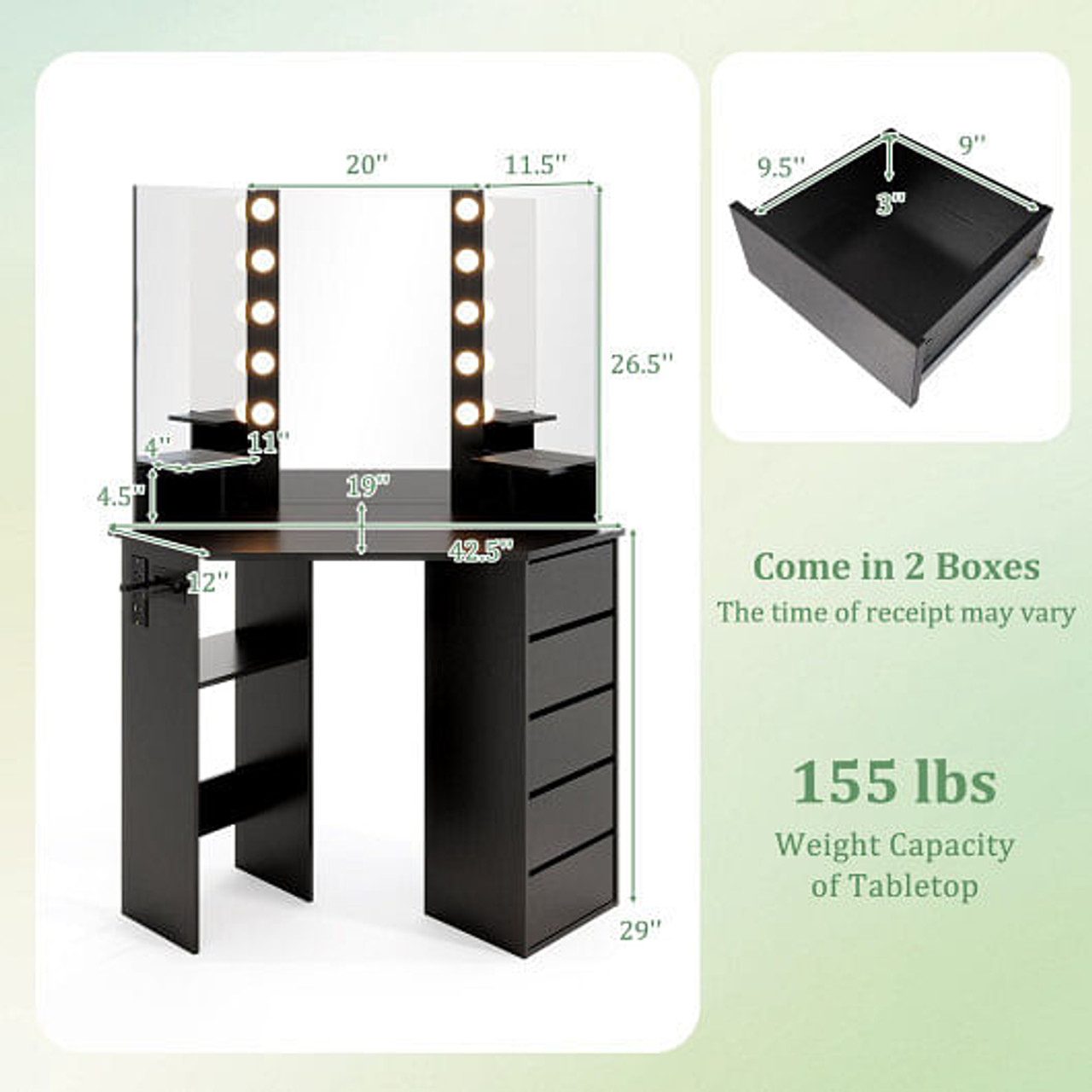 Corner Vanity Desk with 3-Color LED Lighted Mirror and Power Outlet-Black