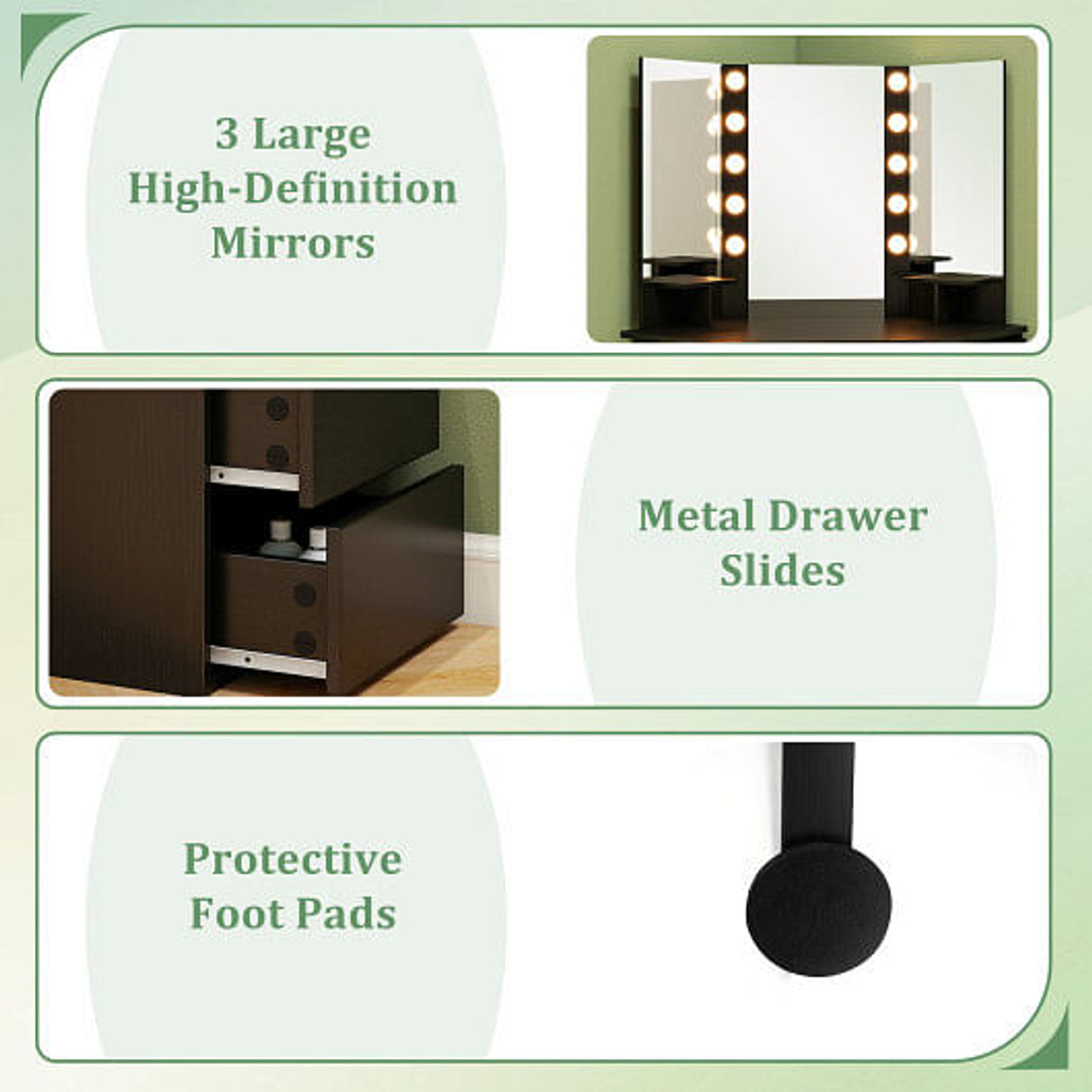 Corner Vanity Desk with 3-Color LED Lighted Mirror and Power Outlet-Black
