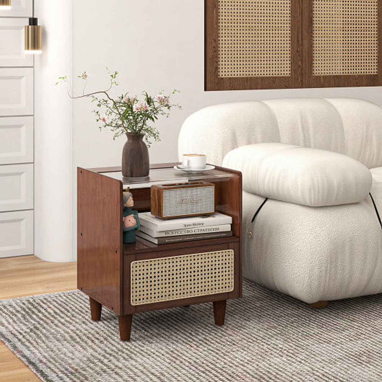 Bamboo Rattan Nightstand with Drawer and Solid Wood Legs-Natural