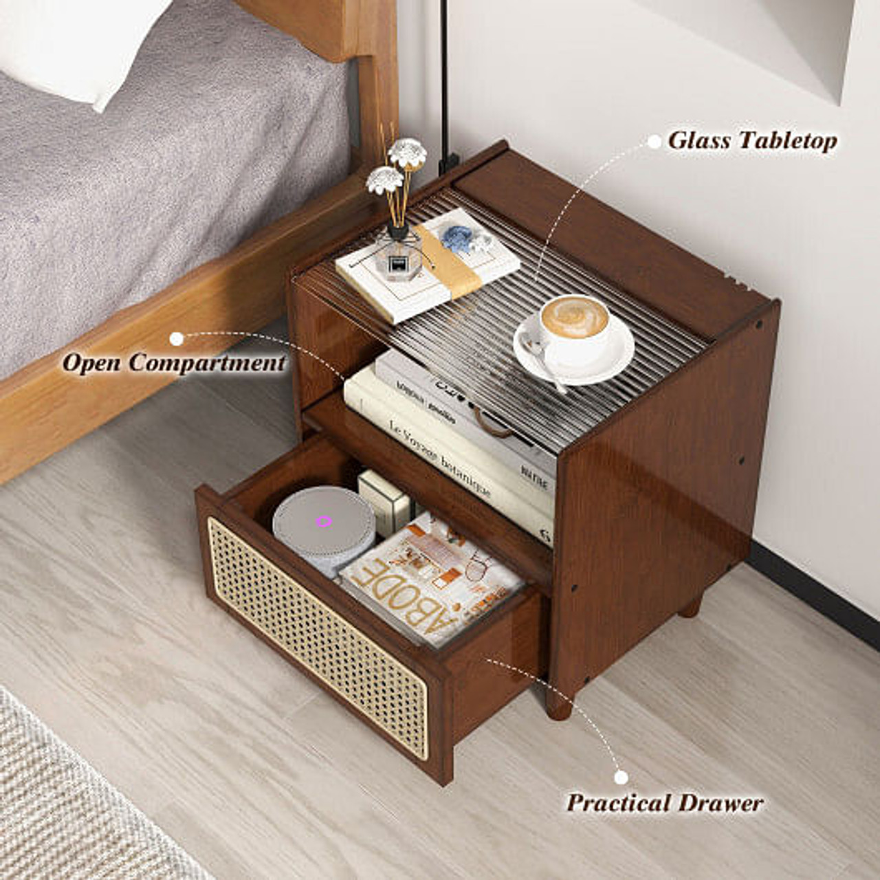 Bamboo Rattan Nightstand with Drawer and Solid Wood Legs-Natural