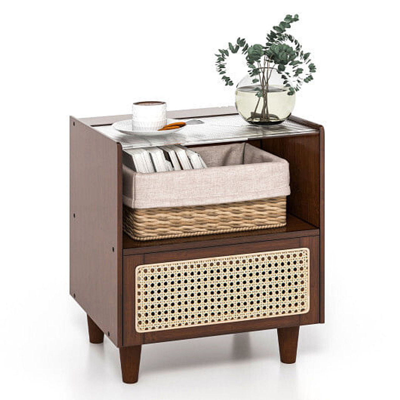 Bamboo Rattan Nightstand with Drawer and Solid Wood Legs-Natural