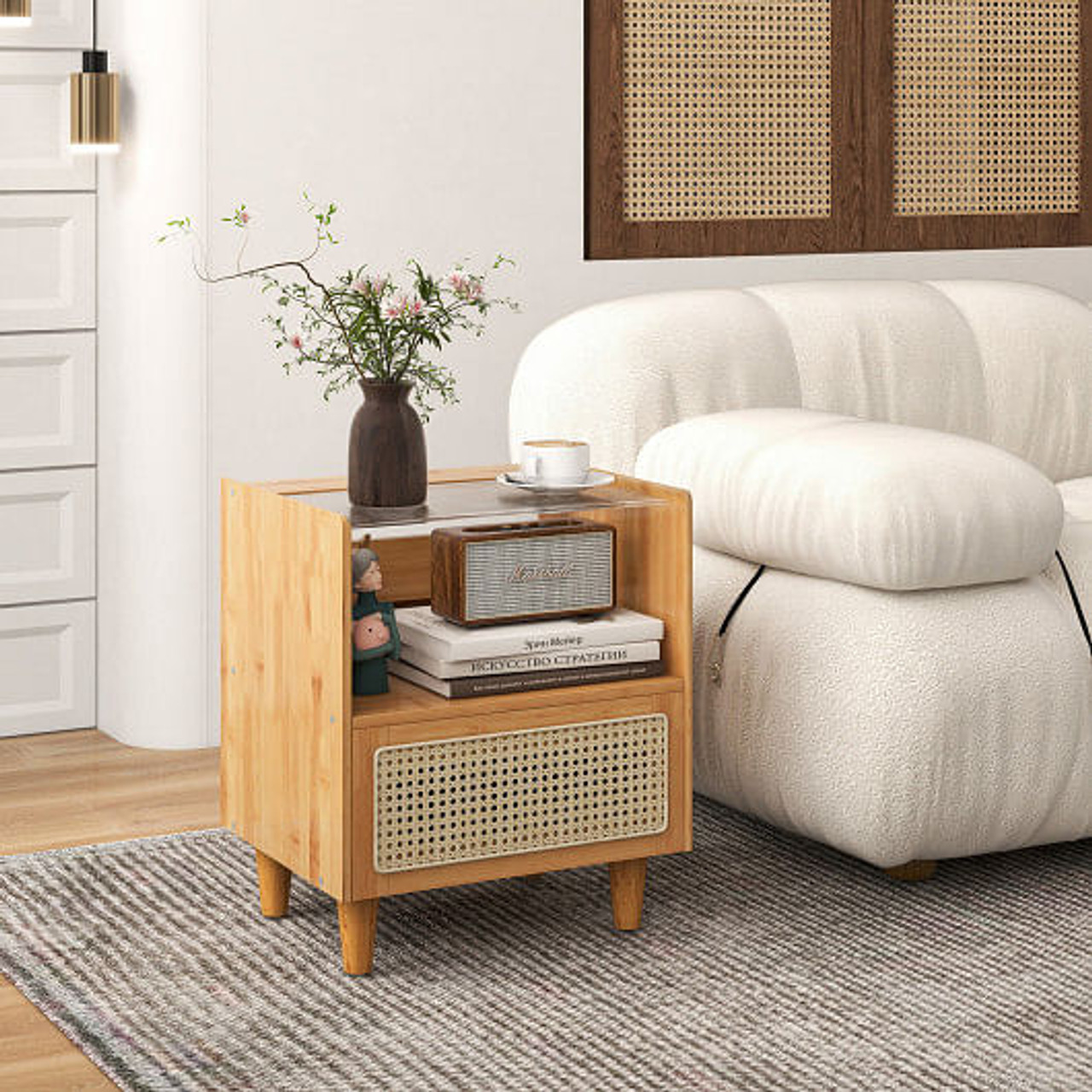 Bamboo Rattan Nightstand with Drawer and Solid Wood Legs-Natural