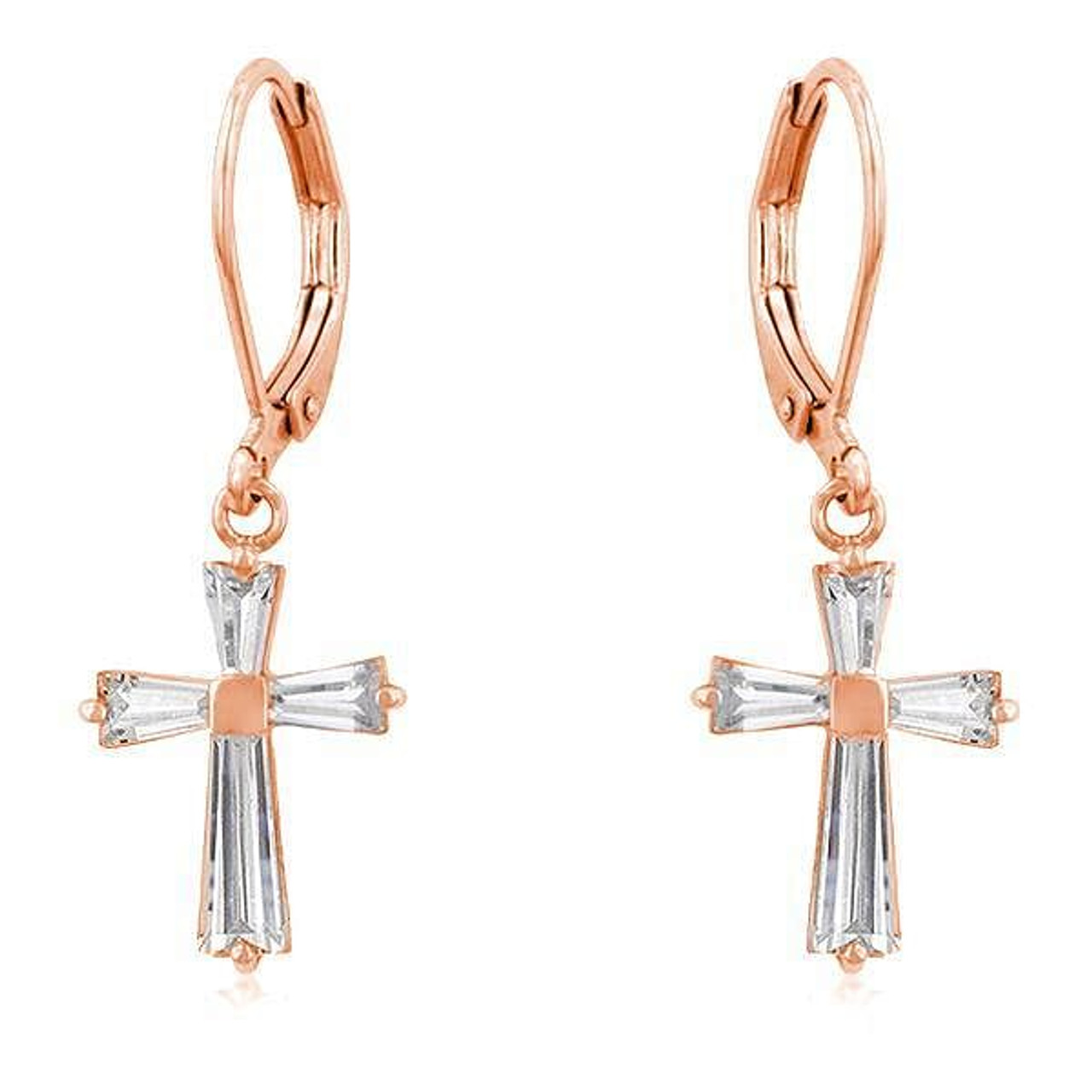 Rose Gold Plated CZ Cross Drop Earrings