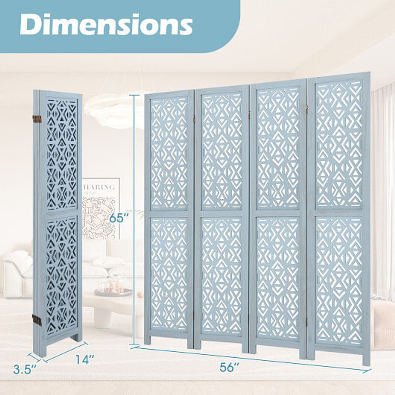 4/6 Panel Wooden Room Divider with Carved Cutout Pattern and Solid Wood Frame-4 Panel