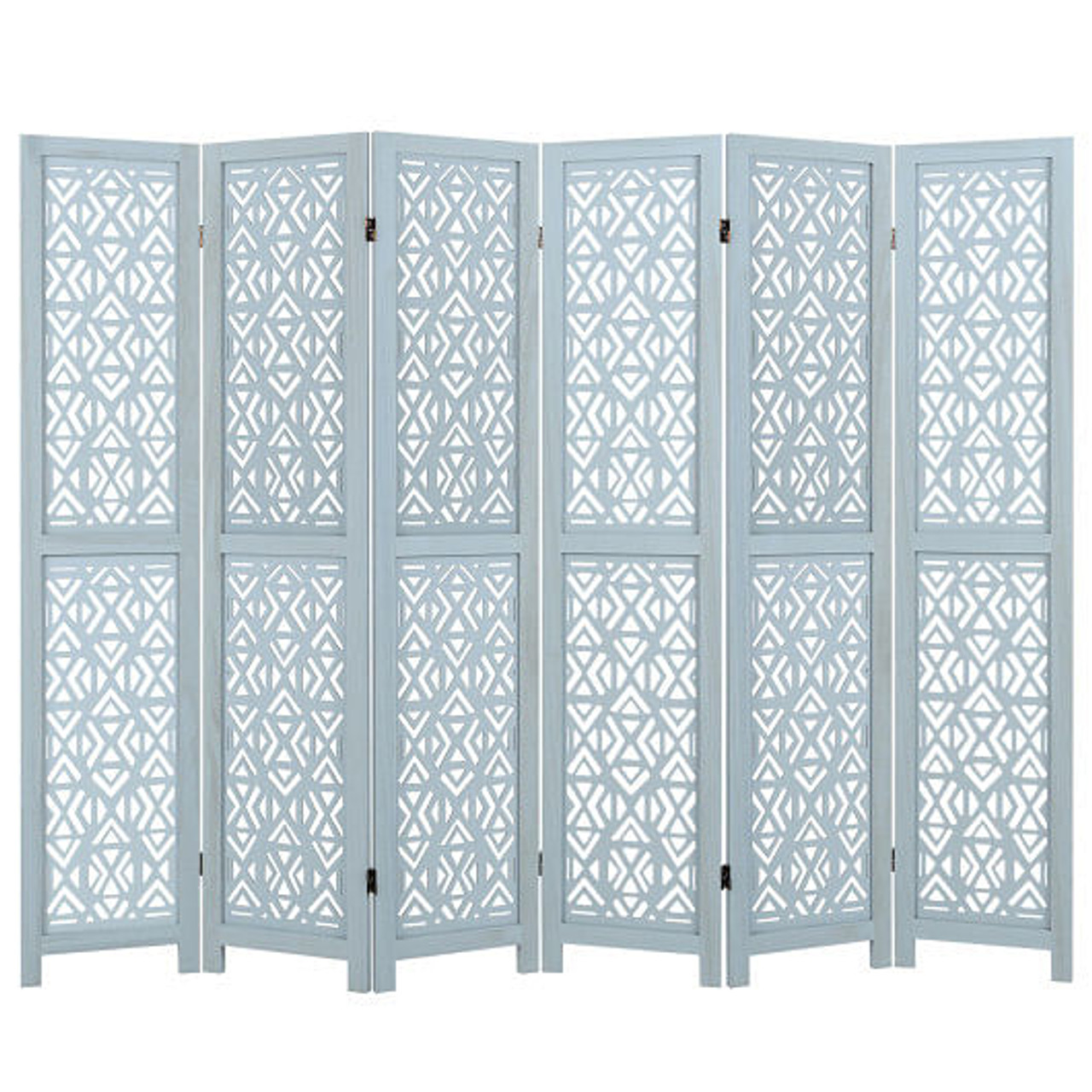 4/6 Panel Wooden Room Divider with Carved Cutout Pattern and Solid Wood Frame-4 Panel