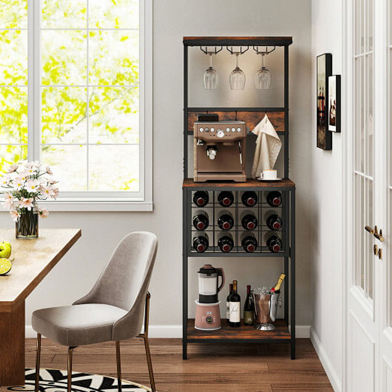 Freestanding Wine Rack Floor Wine Bar Cabinet with Glass Racks-Rustic Brown
