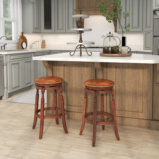 24 Inch Swivel Bar Stool Set of 2 with Upholstered Seat and Rubber Wood Frame-24 inches