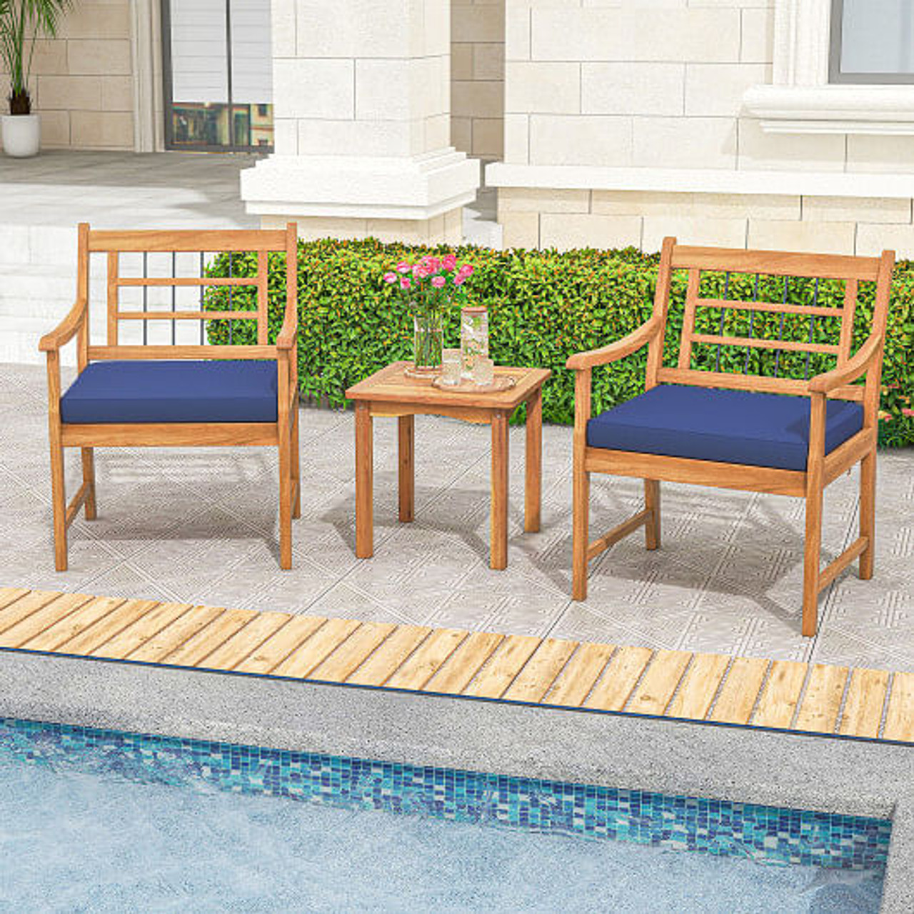 3 Piece Wood Patio Furniture Set with Seat Cushions and Acacia Wood Frame-White
