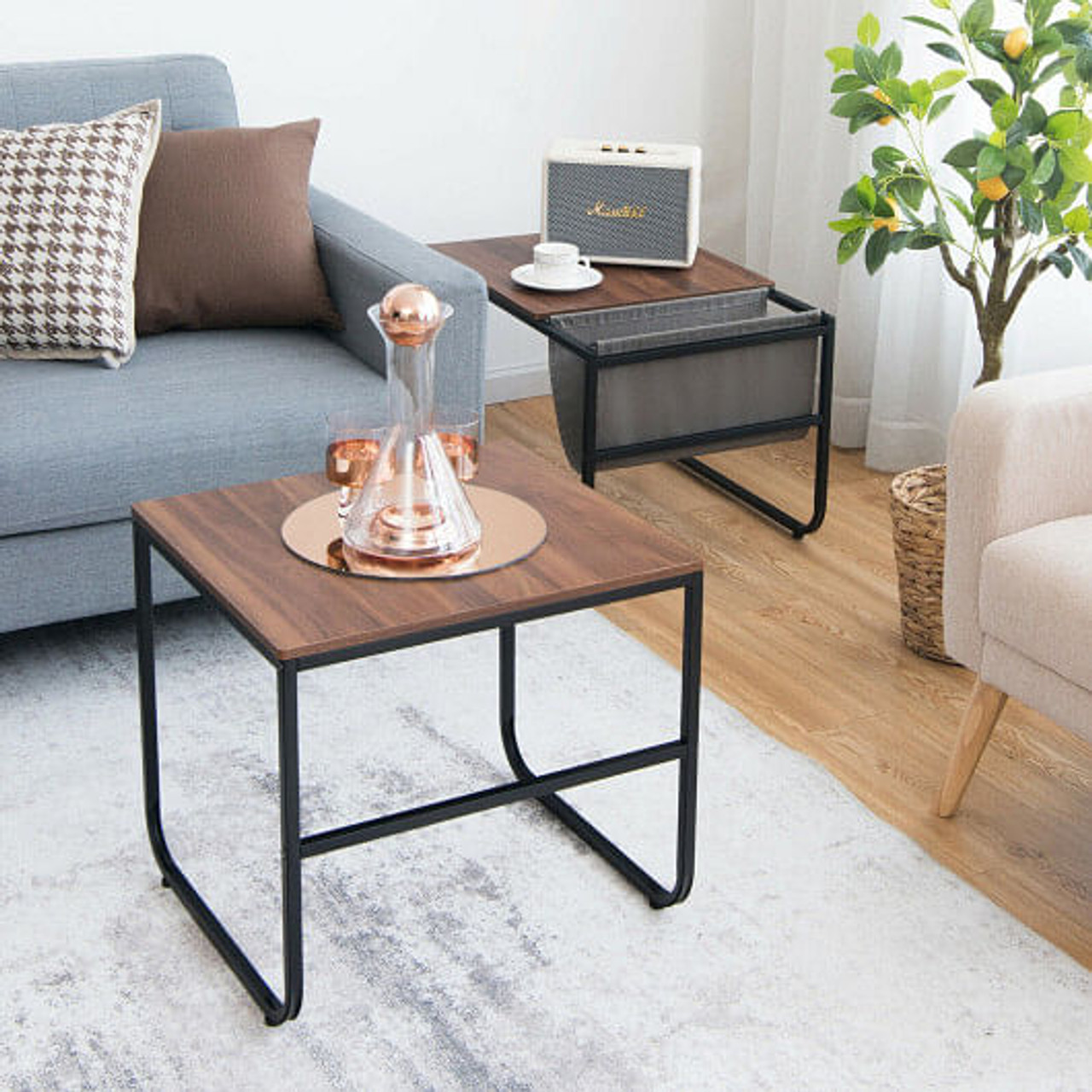 Set of 2 Nesting Coffee Tables with Side Pocket for Living Room Bedroom-Rustic Brown