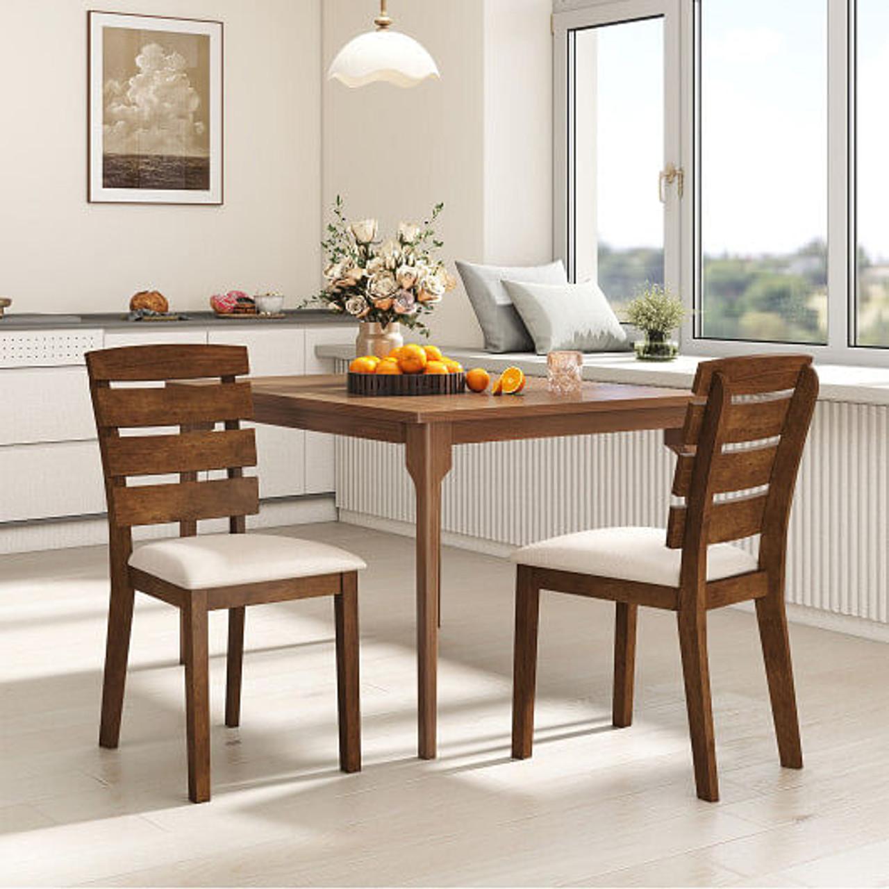 Dining Chair Set of 2 with Slatted High Backrest and Rubber Wood Legs-Brown