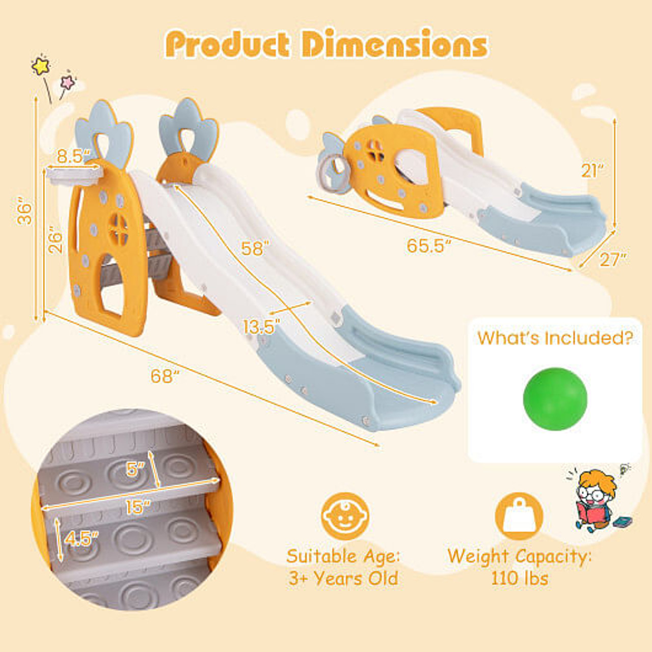 Foldable Slide with Basketball Hoop and Buffer Zone for Kids Aged 3+ Years Old