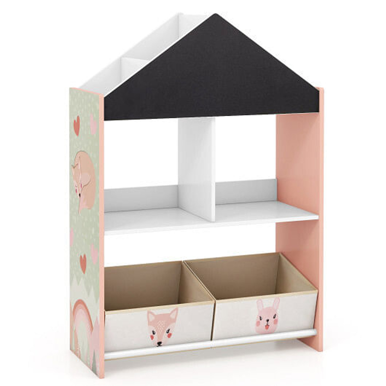Playhouse Kids Bookshelf with Chalkboard and Whiteboard for 3-6 Years-Gray