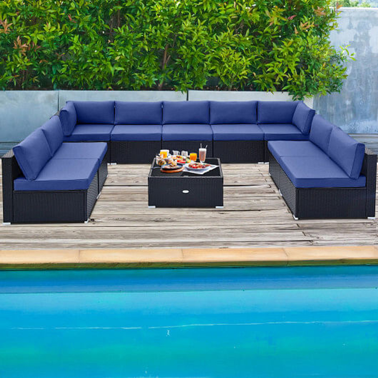 10 Piece Outdoor Wicker Conversation Set with Seat and Back Cushions-Black