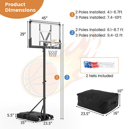 Portable Basketball Hoop Outdoor Basketball Goal System Adjustable for Kids Teens Adults